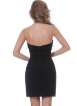 Model wearing Jovani 00411 black dress with sweetheart neckline, back view.