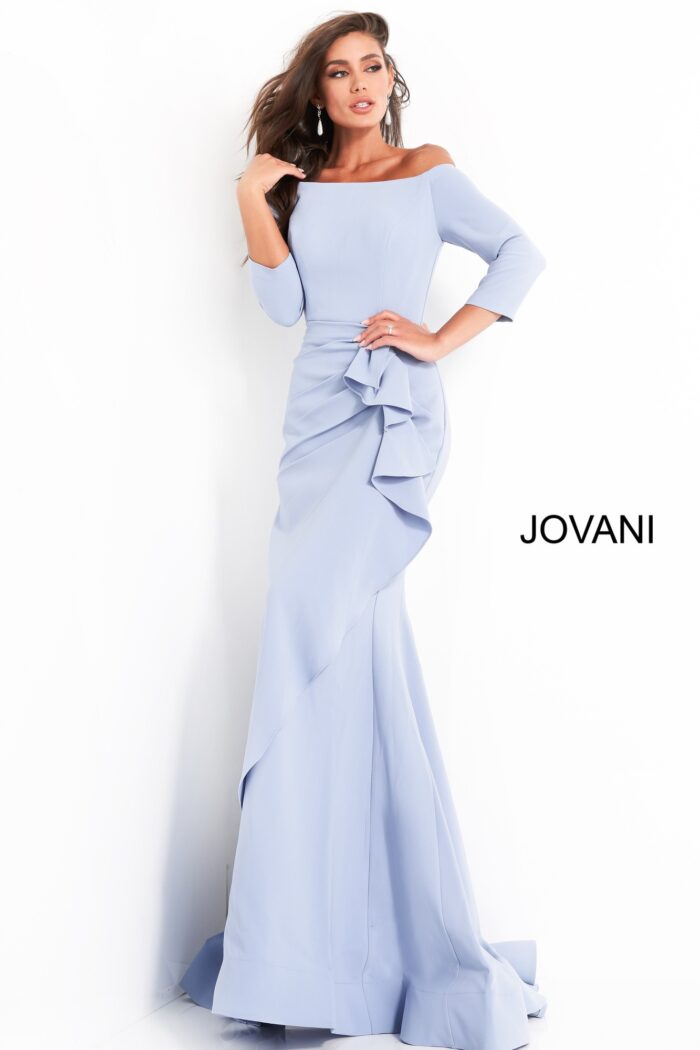 Model wearing Jovani 00446 light blue off-the-shoulder mermaid gown with ruffle detail.