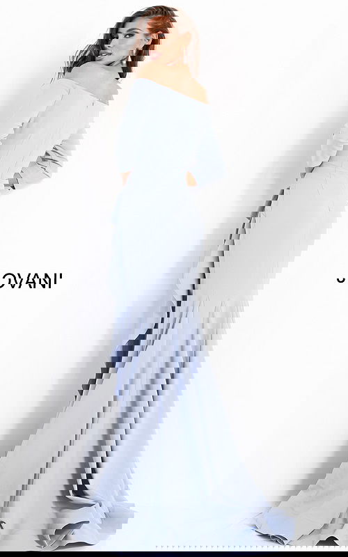 Back view of model wearing Jovani 00446 light blue off-the-shoulder mermaid gown.