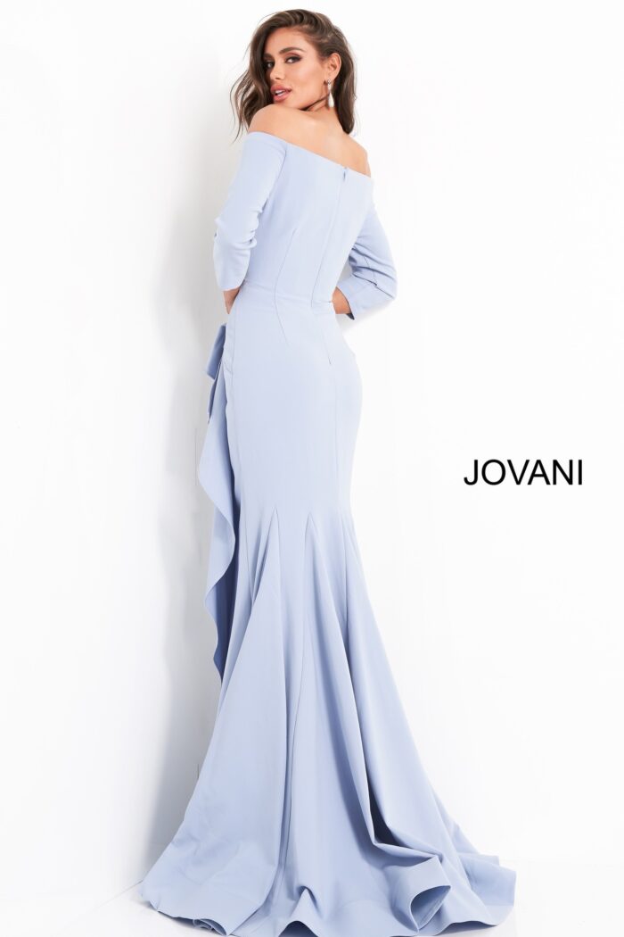 Back view of model wearing Jovani 00446 light blue off-the-shoulder mermaid gown.