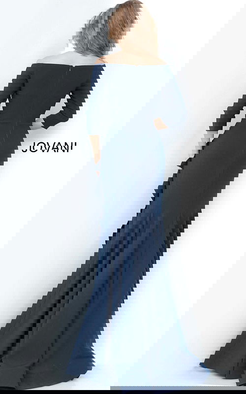 Back view of Jovani 00446 navy dress showing off-the-shoulder neckline and elegant mermaid silhouette.