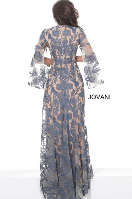 Back view of Jovani 00752 navy gown with lace overlay and elegant flow.