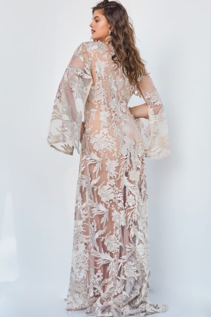back view of model wearing Jovani 00752 beige A-line gown with floral embroidery