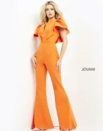 Model wearing Jovani 00762 orange jumpsuit with dramatic ruffled sleeves.
