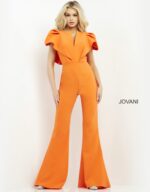 Front view of orange Jovani 00762 jumpsuit with elegant silhouette.