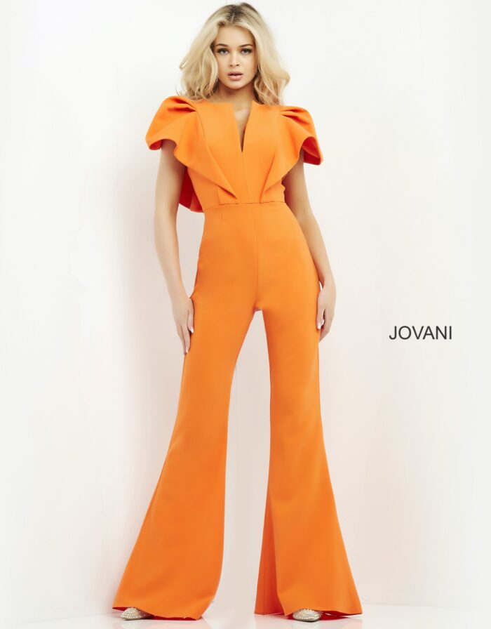 Front view of orange Jovani 00762 jumpsuit with elegant silhouette.