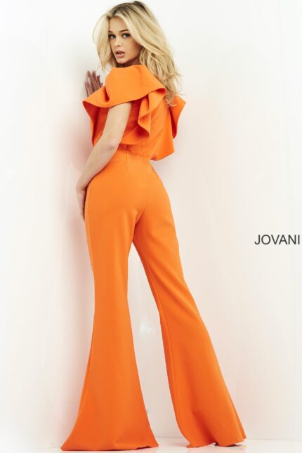 Back view of Jovani 00762 jumpsuit in orange, featuring ruffled sleeves.