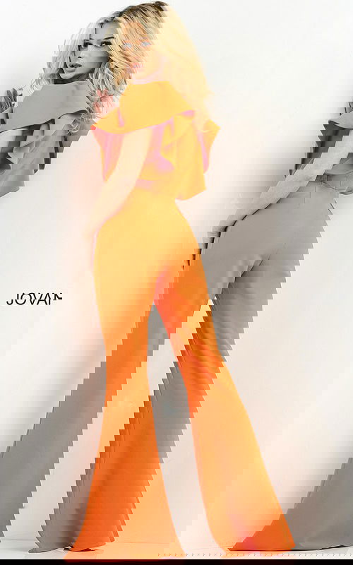 Back view of Jovani 00762 jumpsuit in orange, featuring ruffled sleeves.
