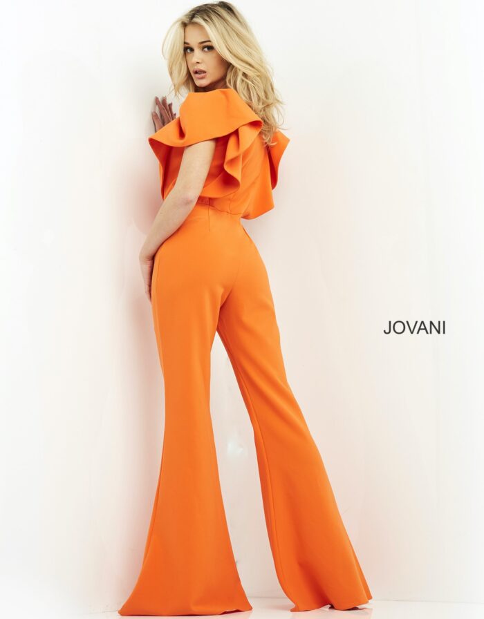 Back view of Jovani 00762 jumpsuit in orange, featuring ruffled sleeves.