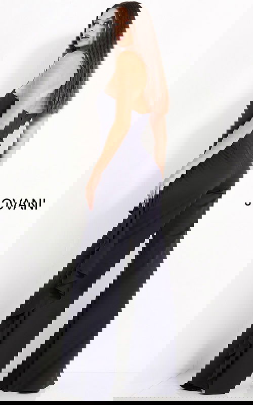 Back view of Jovani 00778 navy jumpsuit with elegant strapless design.