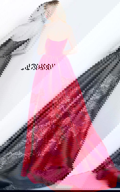 Back view of Jovani 02038 ball gown showing intricate floral embroidery.