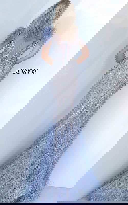 Back view of Jovani 02326 vintage blue dress highlighting zipper closure and beadwork.