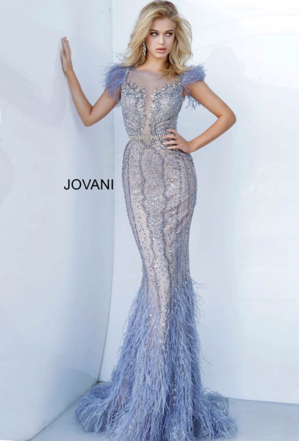 Model wearing Jovani 02326 vintage blue dress with sheer neckline and feathered sleeves.