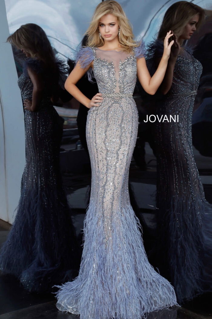 Model wearing Jovani 02326 vintage blue dress, showcasing elegant detailing and design.