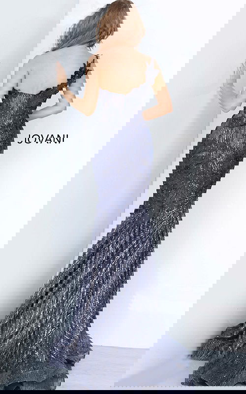 Back view of Jovani 02445 navy gown showing elegant silhouette.