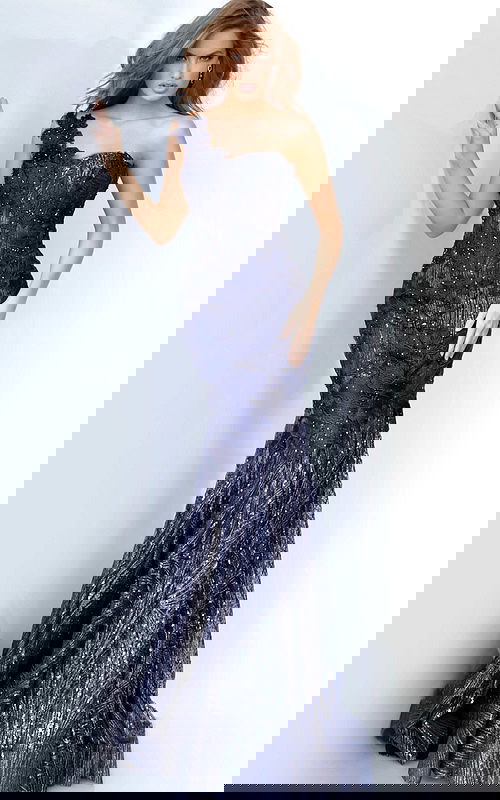 one shoulder navy dress 02445