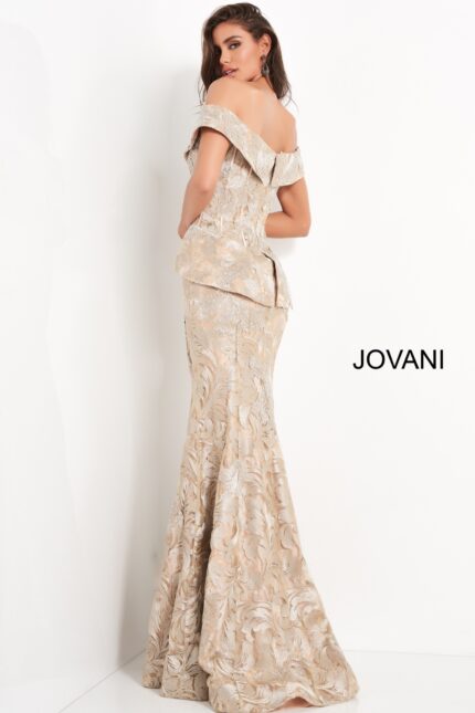 Model wearing Jovani 02762 gold off-the-shoulder mermaid dress back view.