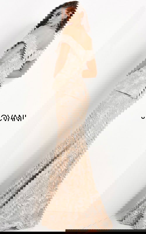 Model wearing Jovani 02762 gold off-the-shoulder mermaid dress back view.