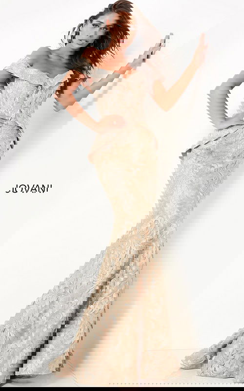 Model wearing Jovani 02762 gold off-the-shoulder mermaid dress front view.