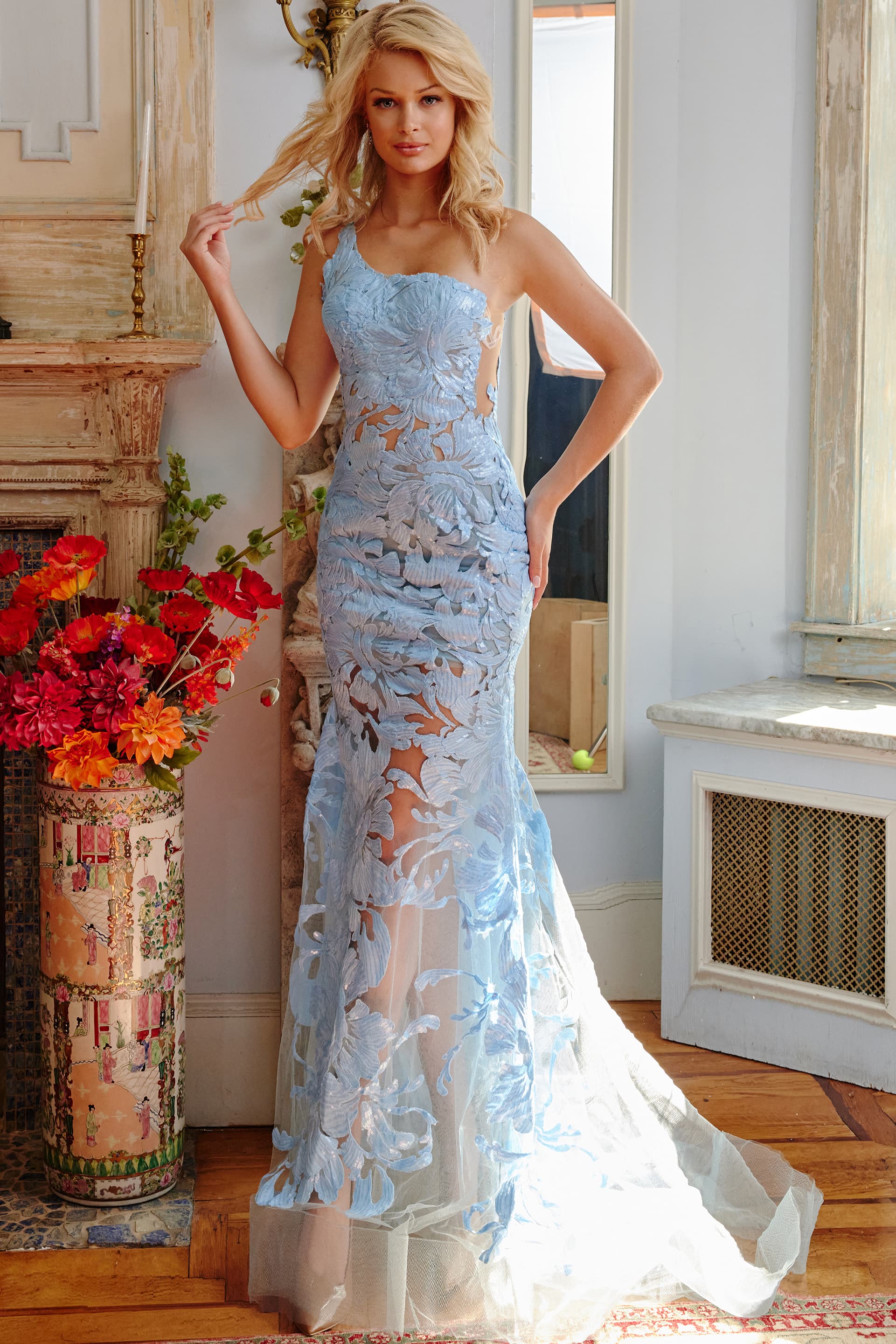 02895-blue-one-shoulder-2.jpg Model wearing Jovani 02895 blue one-shoulder gown front view