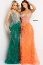 Models wearing Jovani 03023 green and orange feathered gowns with plunging V-necklines.