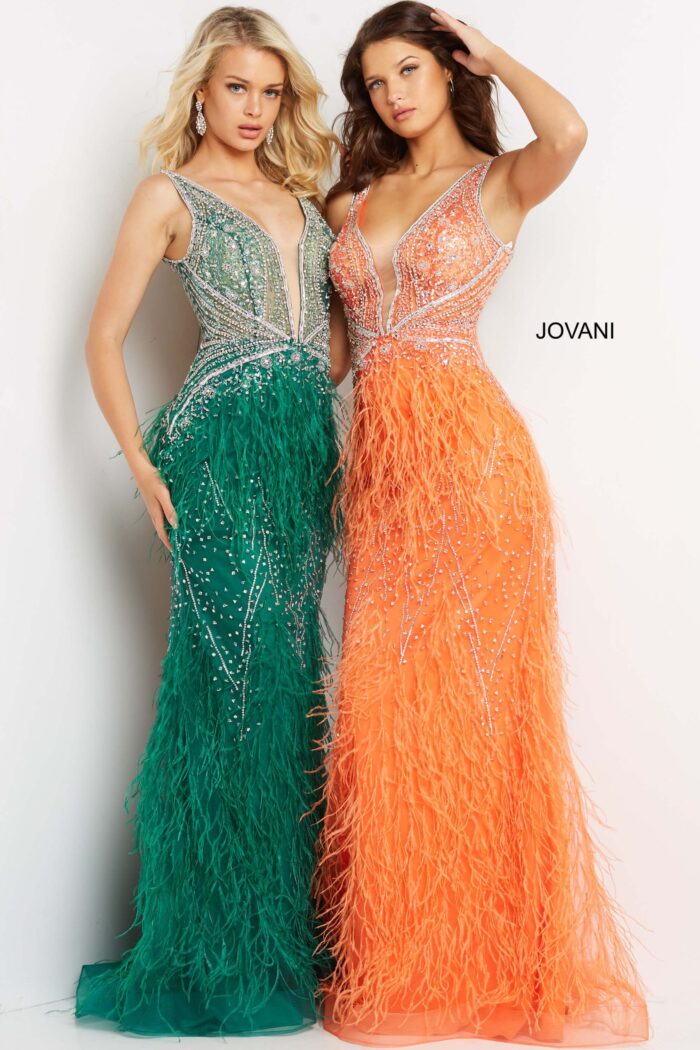 Models wearing Jovani 03023 green and orange feathered gowns with plunging V-necklines.