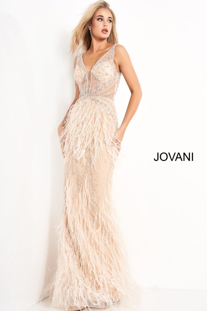Model wearing Jovani 03023 blush feathered gown with sequin detailing.
