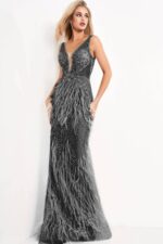 Back view of Jovani 03023 dress in blush, highlighting elegant bead embellishments.