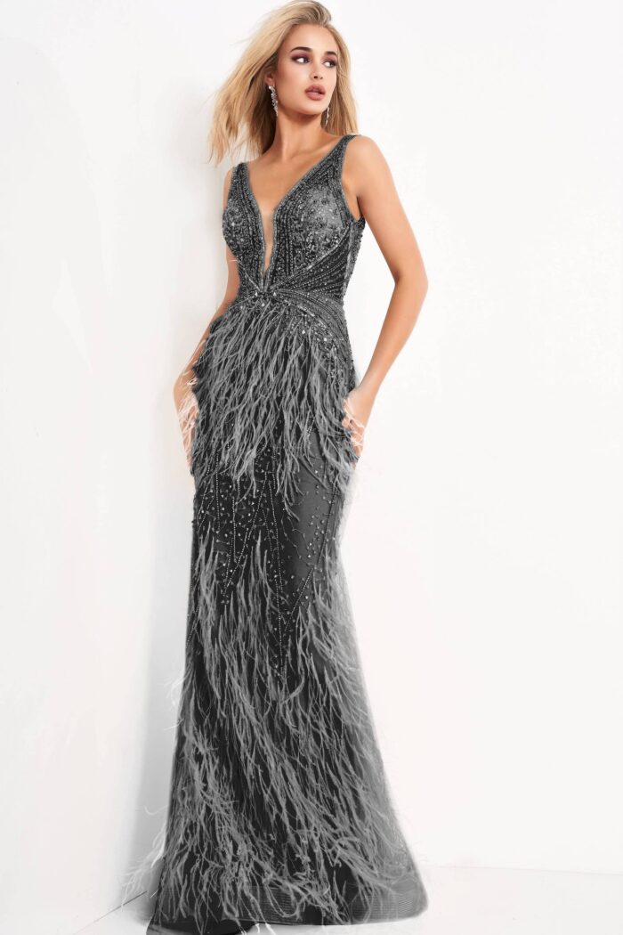 Back view of Jovani 03023 dress in blush, highlighting elegant bead embellishments.