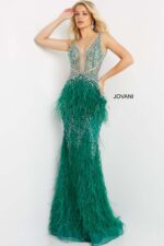 Model wearing Jovani 03023 green gown with deep V-neckline.