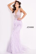 Model in Jovani 03023 lilac gown adorned with delicate beads and feathers.