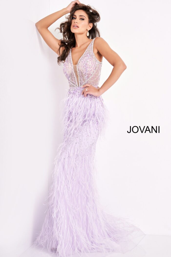 Model in Jovani 03023 lilac gown adorned with delicate beads and feathers.