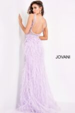 Back view of model in Jovani 03023 lilac gown with low scoop back.