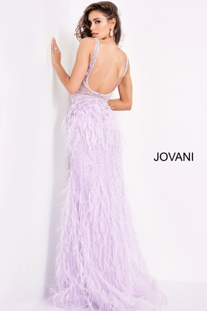 Back view of model in Jovani 03023 lilac gown with low scoop back.