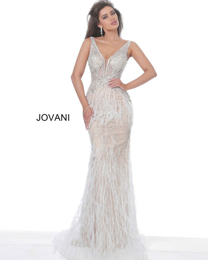 Front view of Jovani 03023 white gown with bead and feather embellishments.