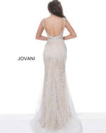 Back of Jovani 03023 white gown showing exquisite bead and feather detailing.