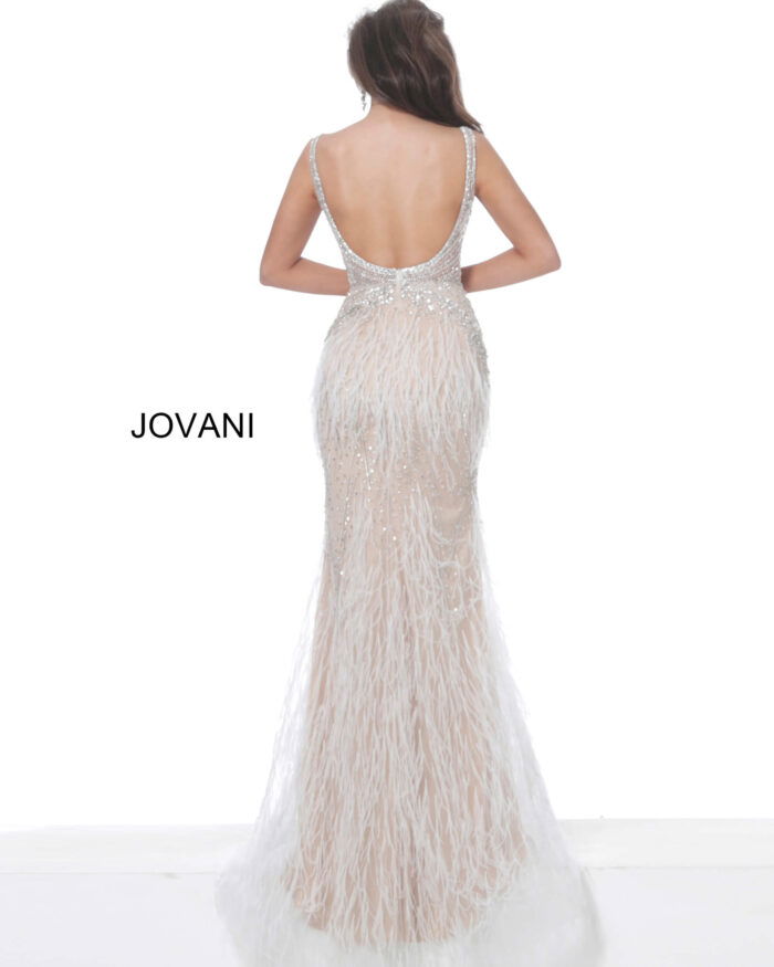 Back of Jovani 03023 white gown showing exquisite bead and feather detailing.