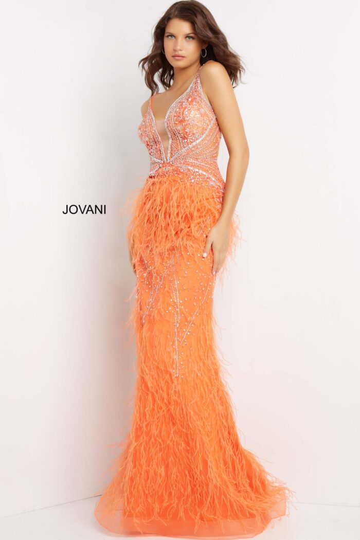 Model wearing Jovani 03023 gown in orange featuring luxurious bead and feather details.