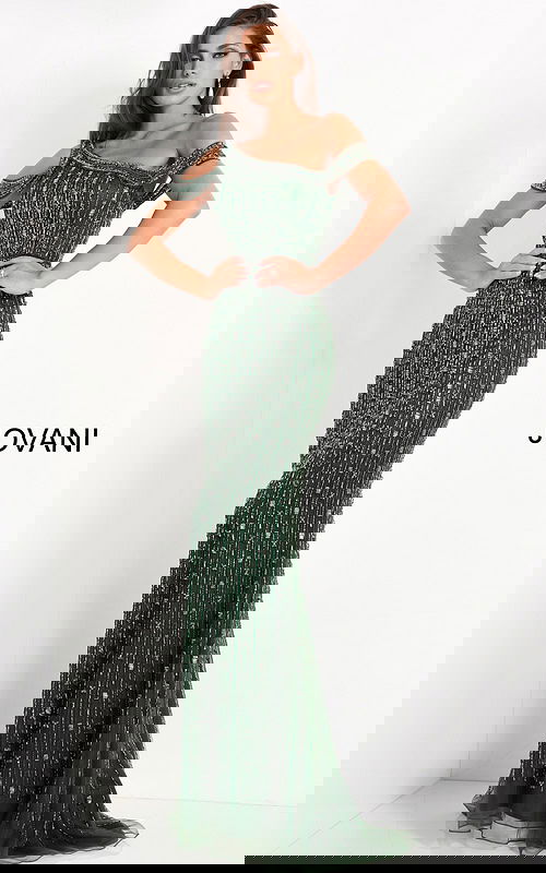 Front view of model in Jovani 03124 featuring a fitted silhouette and elegant bead detailing.