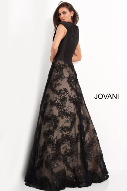 Model wearing Jovani 03330 black dress, back view showing elegant lace detailing.