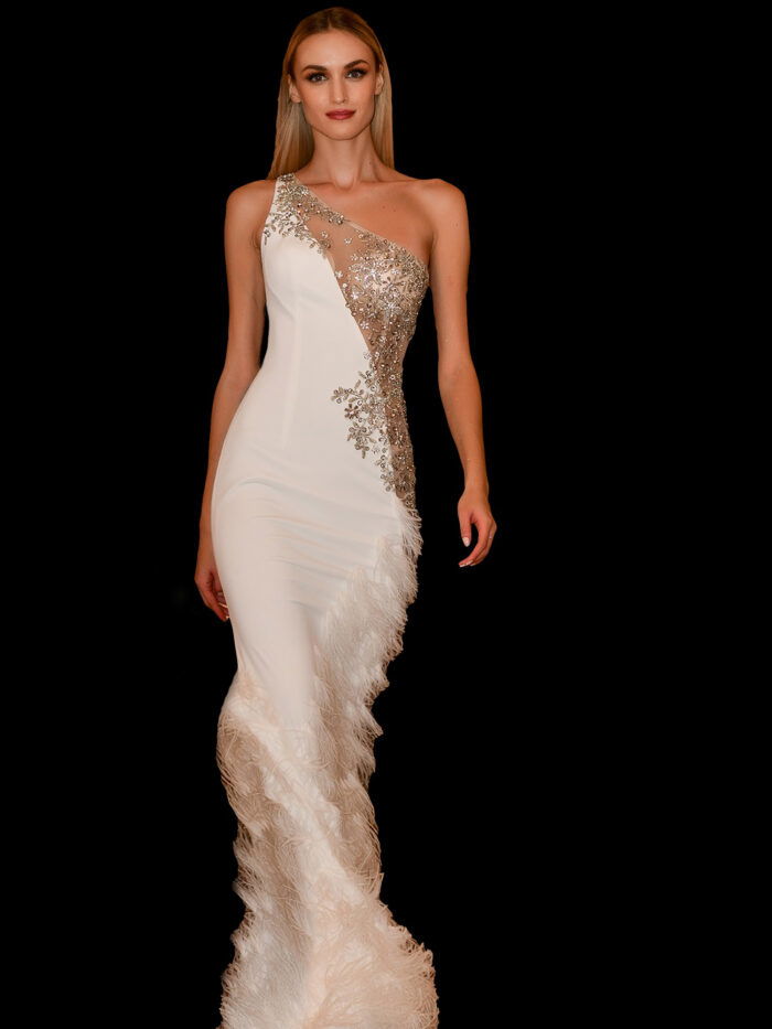 Model wearing Jovani 03389 white gown with floral embellishments and feathers, full front view.