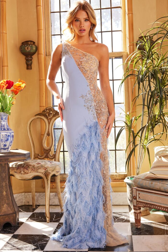 Model wearing Jovani 03389 blue gown with floral embellishments and feathers, front view.