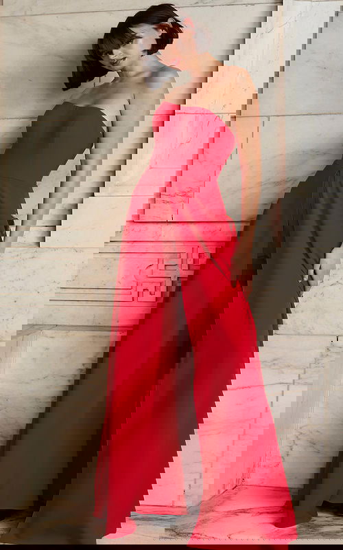 Model wearing Jovani 03529 elegant red strapless dress with A-line silhouette.