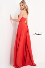 Model wearing Jovani 03529 red jumpsuit, back view, emphasizing the strapless design and flow of the wide-leg cut.