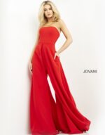 Model wearing Jovani 03529 red jumpsuit, full front view, emphasizing the sleek, elegant design.