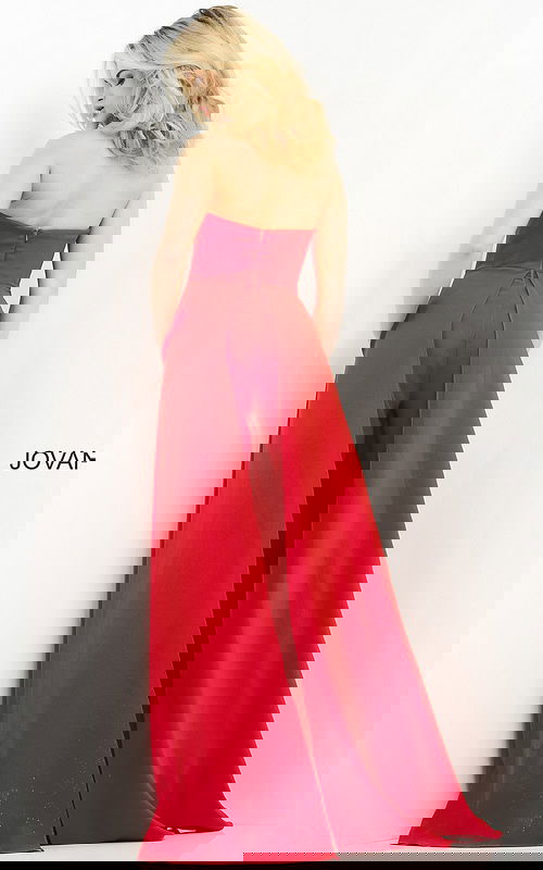 Back view of Jovani 03529 red strapless dress revealing elegant A-line flow.