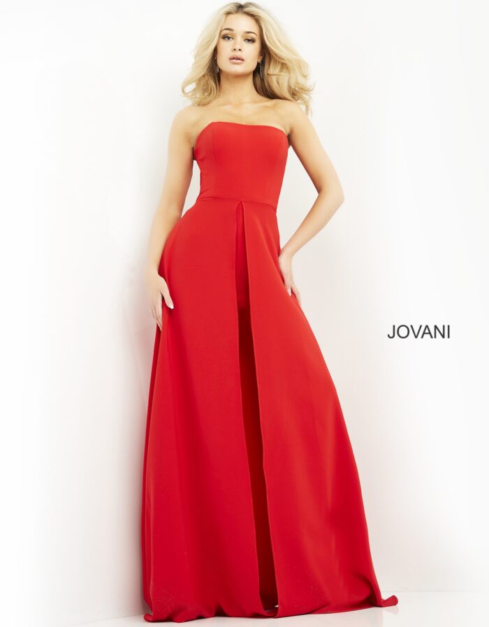 Model wearing Jovani 03529 red jumpsuit, front view, highlighting the modern strapless silhouette.