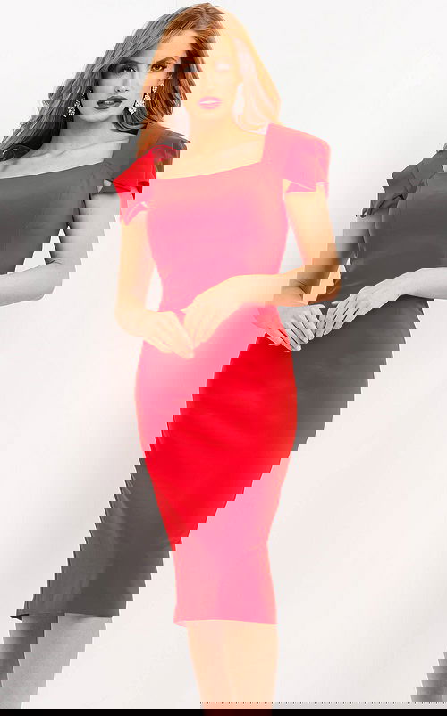 Model wearing Jovani 03808 red dress showcasing square neckline and fitted silhouette, front view.