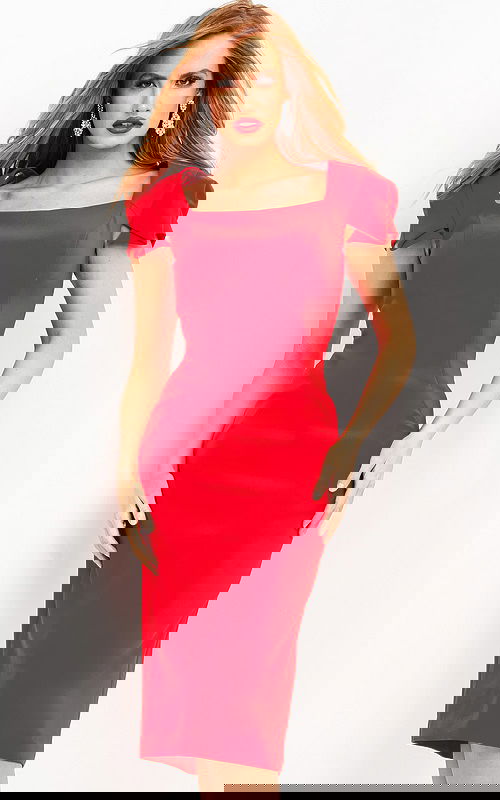 Model wearing Jovani 03808 red knee-length dress with square neckline and cap sleeves, front view.