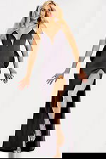 Black satin gown with deep V neckline 44675